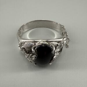 Vintage Whiting & Davis Hematite Bracelet Silver Tone Leaf Hinged Bangle Signed